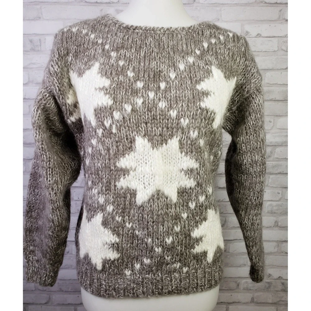 Vintage 1980s wool blend hand knit women's sweater quilt stars design - Small‎